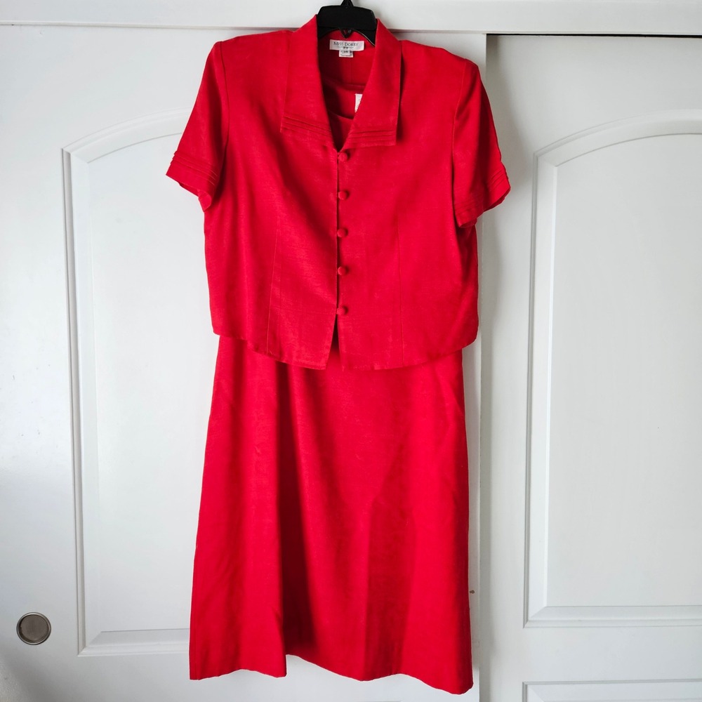 Vintage MISS DORBY Dress & Jacket Set Womens Size 14 Red‎ Floral 90s Office